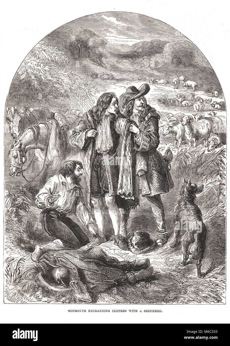 Monmouth exchanging clothes with a shepherd following defeat at the Battle of Sedgemoor where he fled from the field of battle.  The Monmouth Rebellion of 1685 Stock Photo