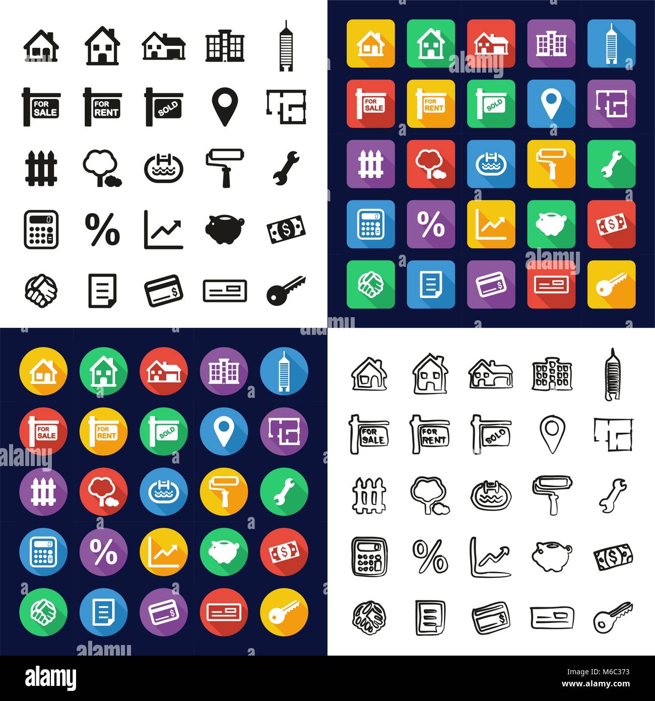 Real Estate Market All in One Icons Black & White Color Flat Design Freehand Set Stock Vector