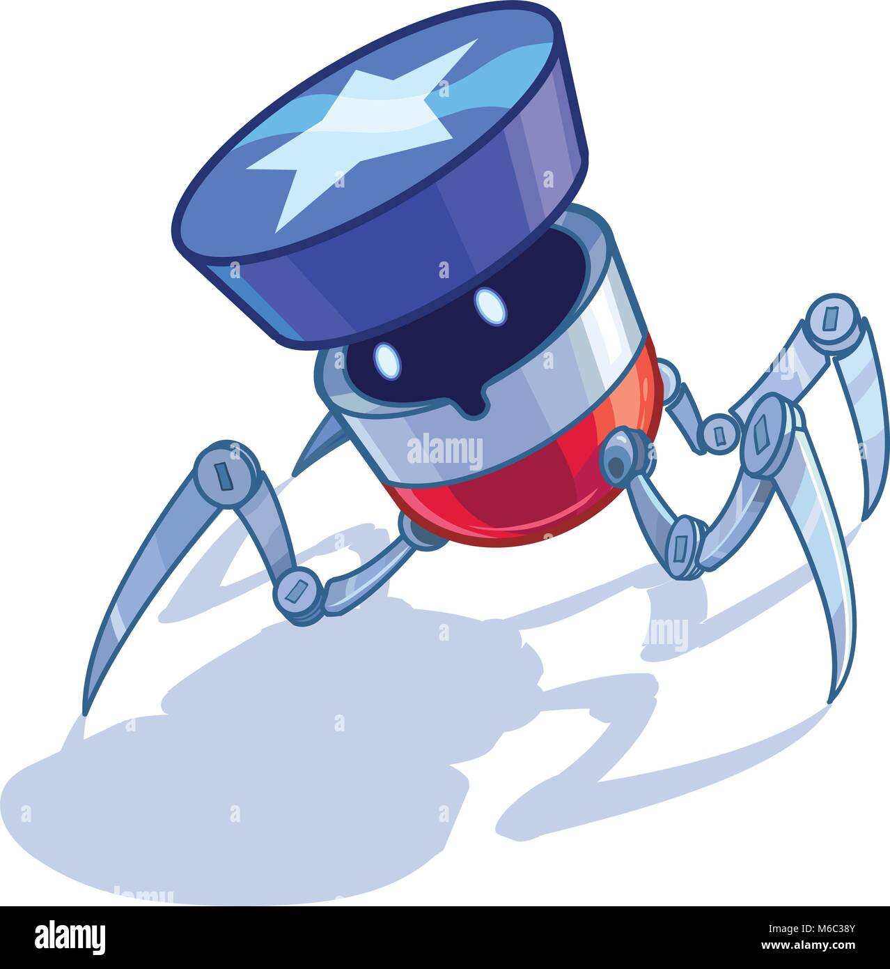 Vector cartoon clip art illustration of a patriotic American spider or bug or insect robot with a star shape button or bumper on its head. Elements on Stock Vector