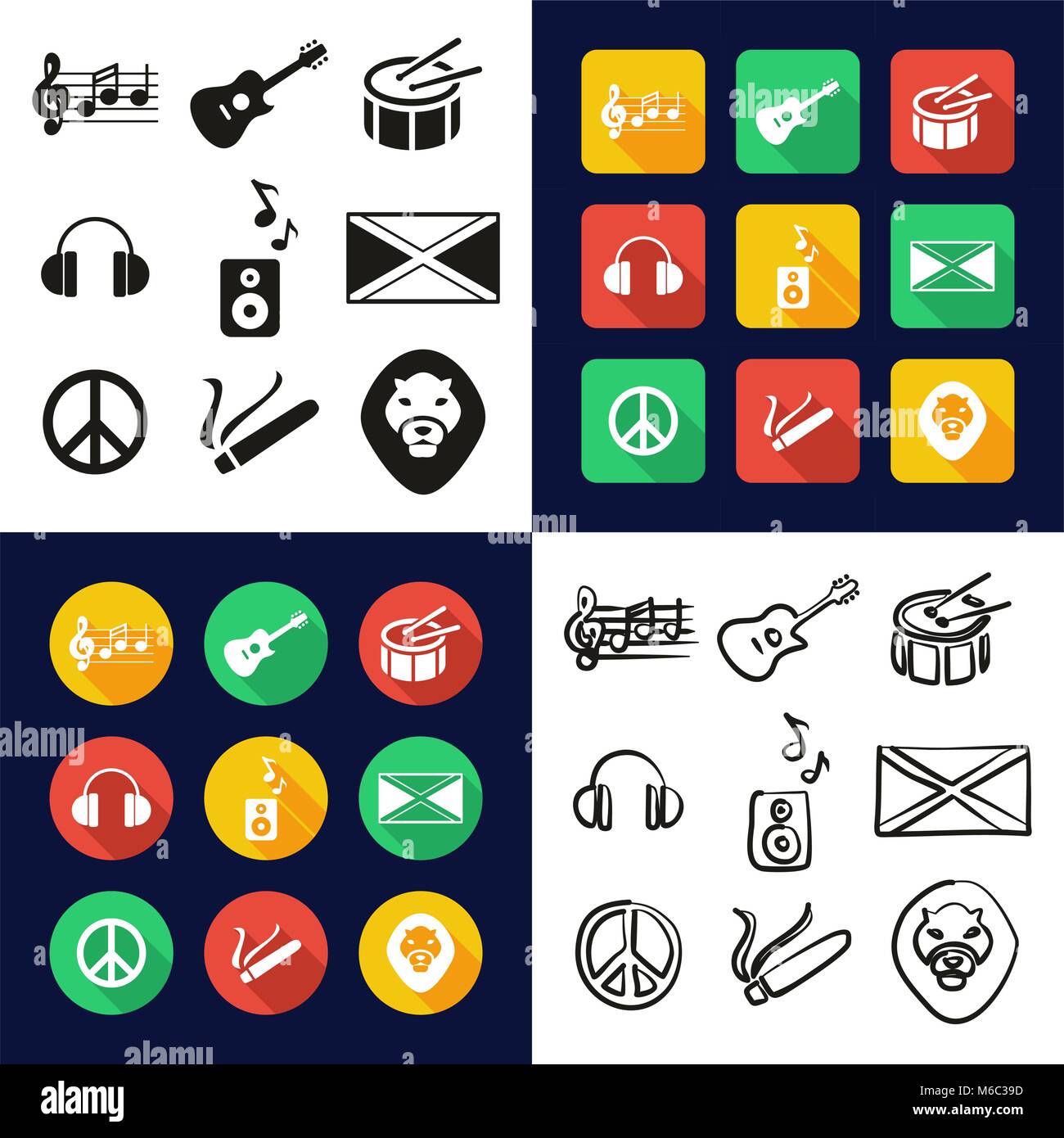Reggae All in One Icons Black & White Color Flat Design Freehand Set ...