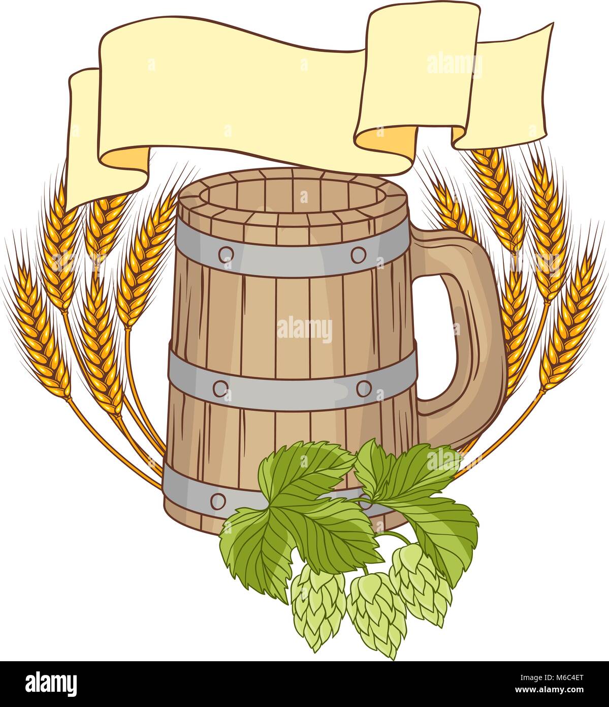Vector illustration of a barrel mug wheat, hops Stock Vector