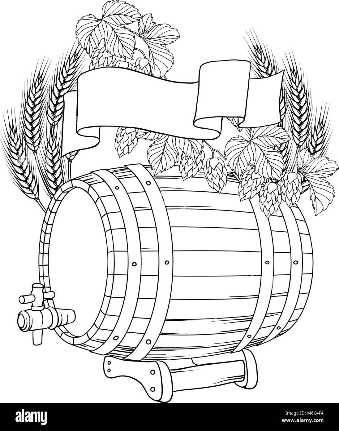 Vector illustration of a barrel mug whea, hops Stock Vector