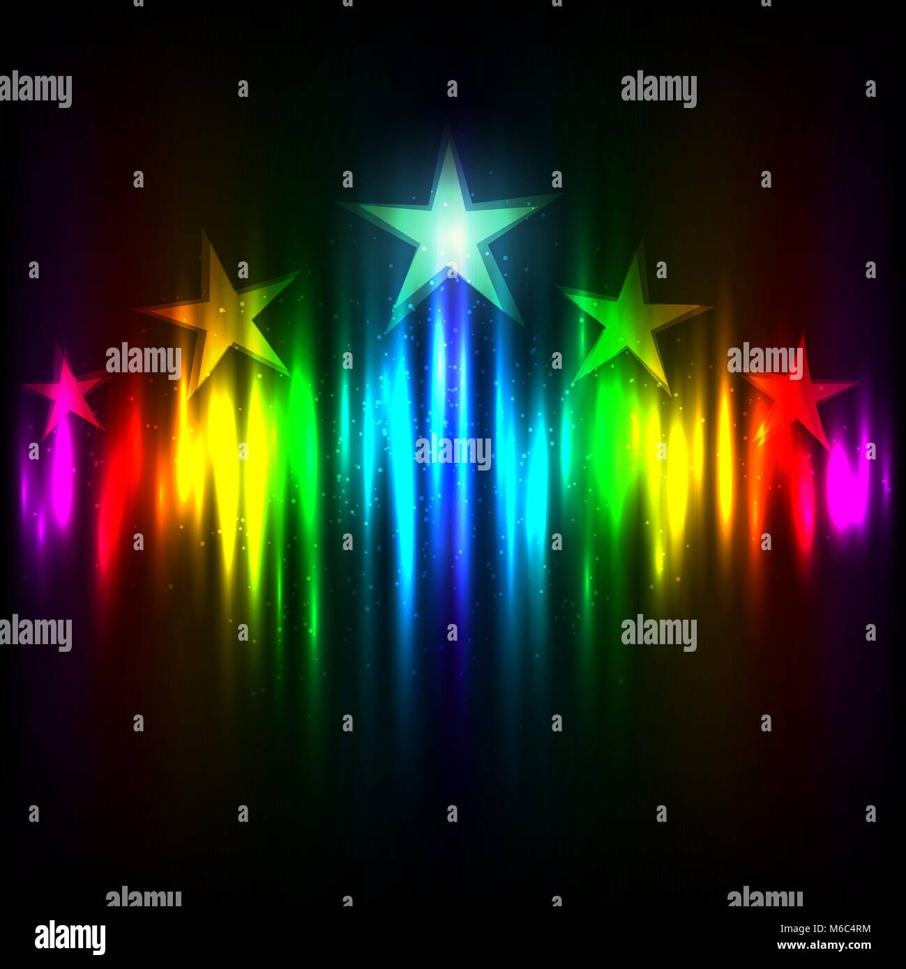 Rainbow Hollywood Stars rise up on colors light template background. Cinematography entertainment industry radiance vector illustration dark backdrop Stock Vector