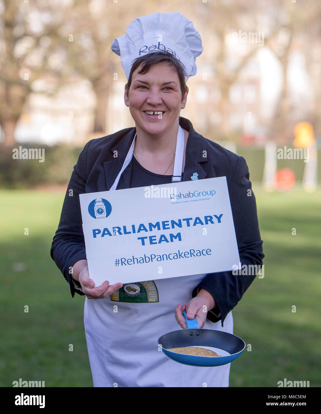 Ahead of this year’s Rehab Parliamentary Pancake Race on Shrove Tuesday, representatives from the Parliament and Media teams will be put through their paces in a special pancake race 'bootcamp' in Victoria Tower Gardens in Westminster  Featuring: Tonia Antoniazzi MP Where: London, England, United Kingdom When: 30 Jan 2018 Credit: Wheatley/WENN Stock Photo