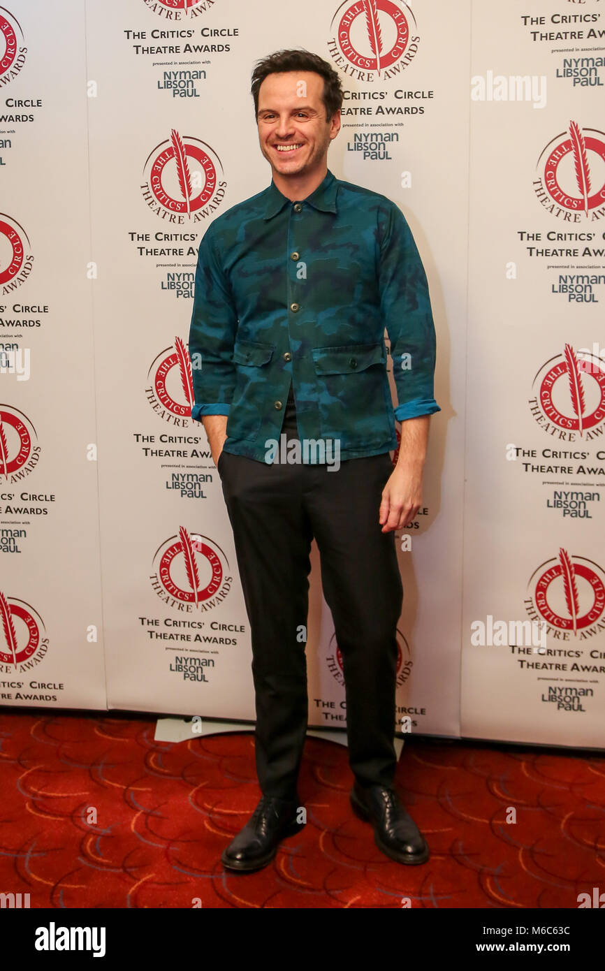 The 29th annual Critics’ Circle Theatre Awards.  The Critics’ Circle Theatre Awards is an informal gathering of award recipients, drama critics, theatre practitioners and the media, convivially coming together to celebrate the critics’ selection of the best theatre, from throughout the UK, during the last calendar year.  Featuring: Andrew Scott Where: London, United Kingdom When: 30 Jan 2018 Credit: WENN.com Stock Photo