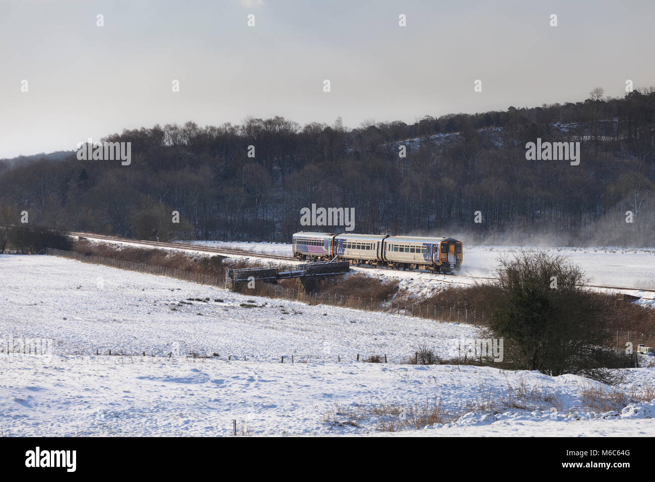 Northern rail sprinter train passing Blackdykes (between Arnside & Silverdale)  in the snow with the  0850 Barrow In Furness - Preston Stock Photo