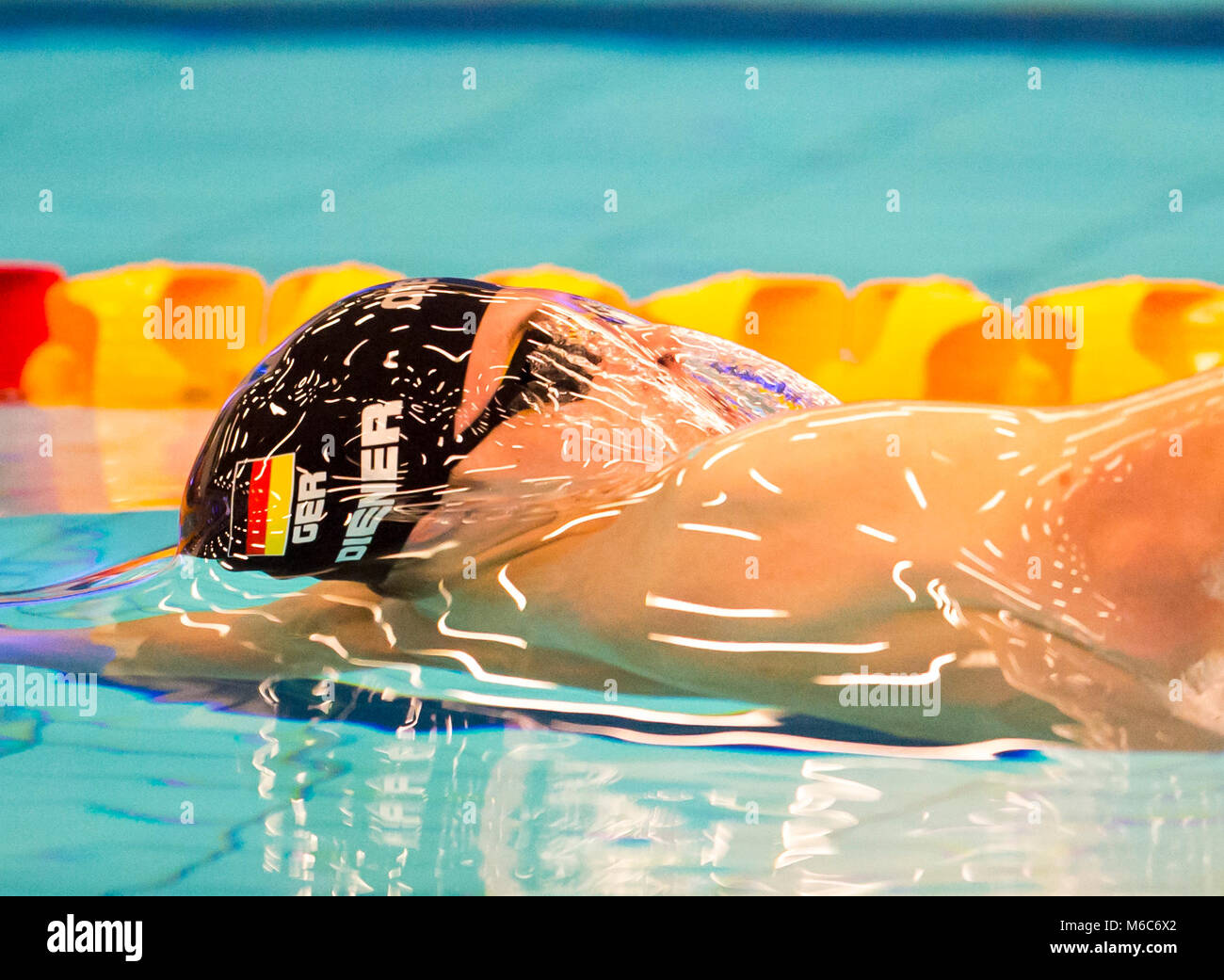 Christian Diener (Ger) swimming in a 50m backstroke skins event during day one of the 2018 EISM and British Championships at the Royal Commonwealth Pool, Edinburgh. PRESS ASSOCIATION Photo. Picture date: Thursday March 1, 2018. See PA story SWIMMING Championships. Photo credit should read: Ian Rutherford/PA Wire. Stock Photo