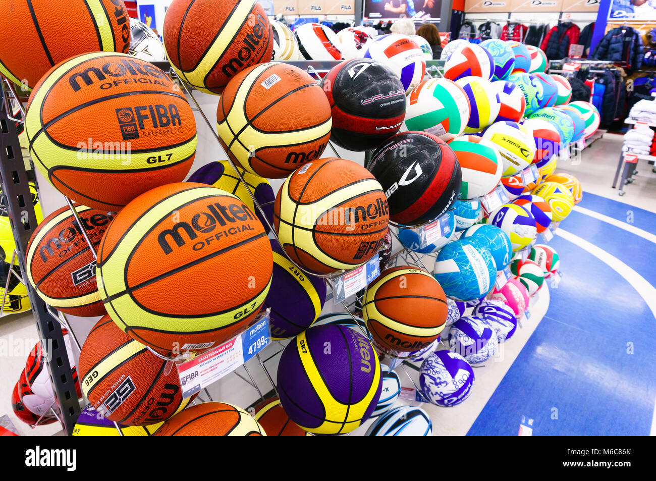 Yekaterinburg, RUSSIA - NOVEMBER 24, 2013: Colorful soccer balls inside  Sportmaster Sport Store Stock Photo - Alamy