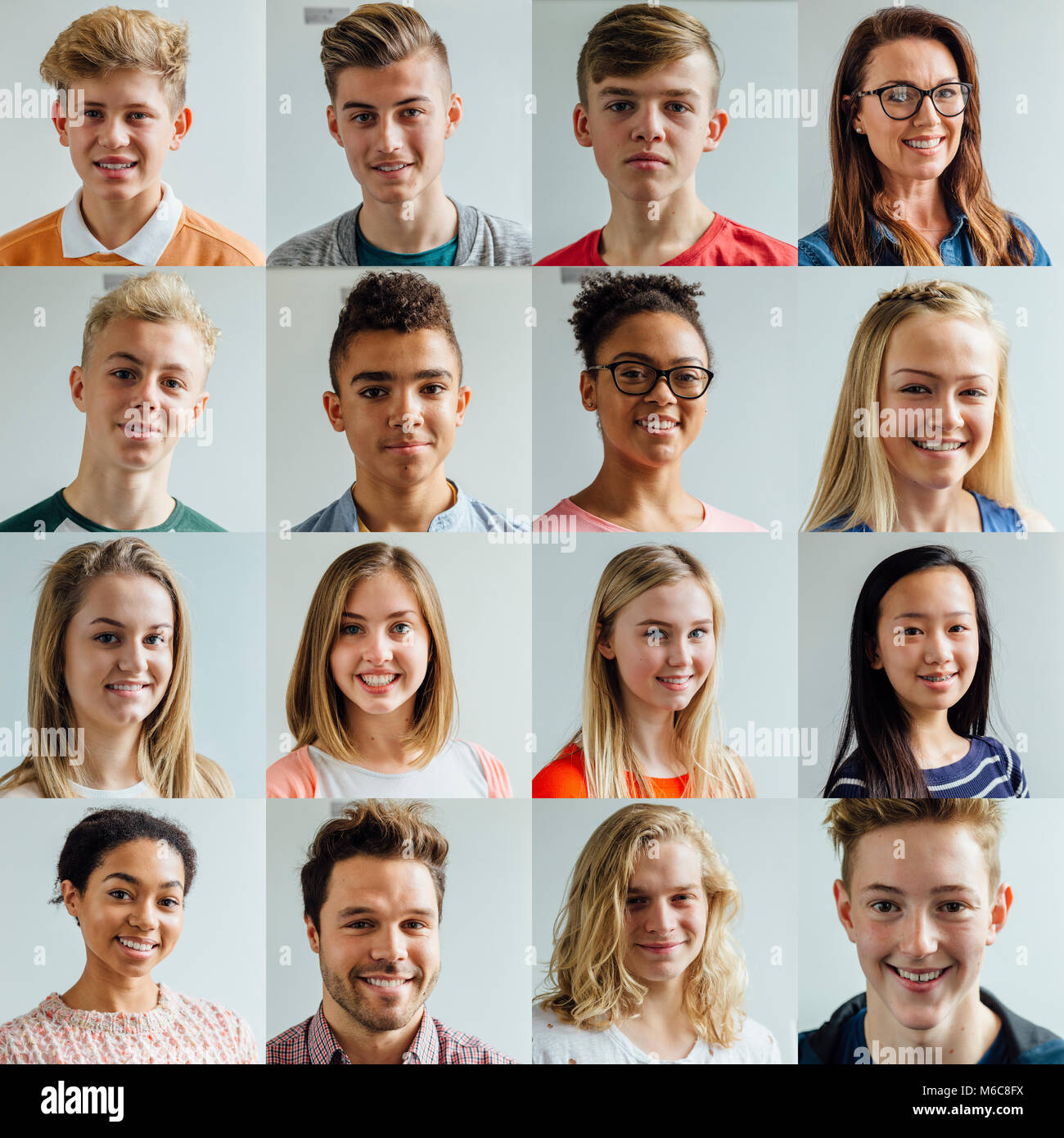4x4 collage of headshots of high school students and teachers. They are wearing casual and formal clothing and are smiling. Stock Photo