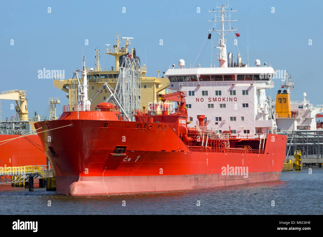 Oil tanker moored at an oil terminal in the Port of Antwerp. Stock Photo