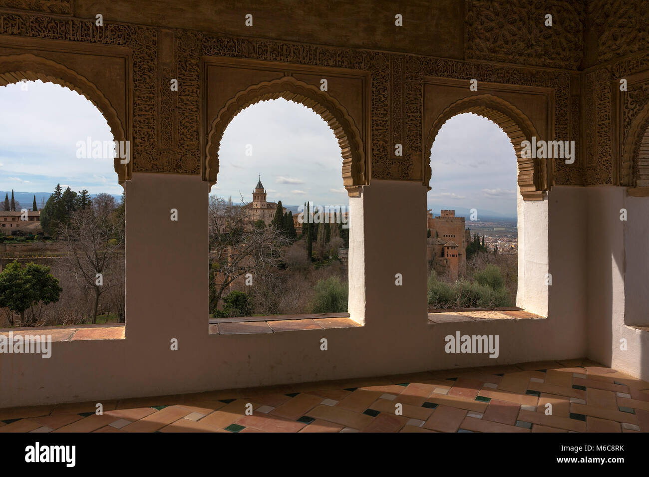 View from the Mirador de Ismail I, Pabellón Norte (North Pavilion), Palacio del Generalife, across to the Alhambra, Granada, Andalusia, Spain Stock Photo