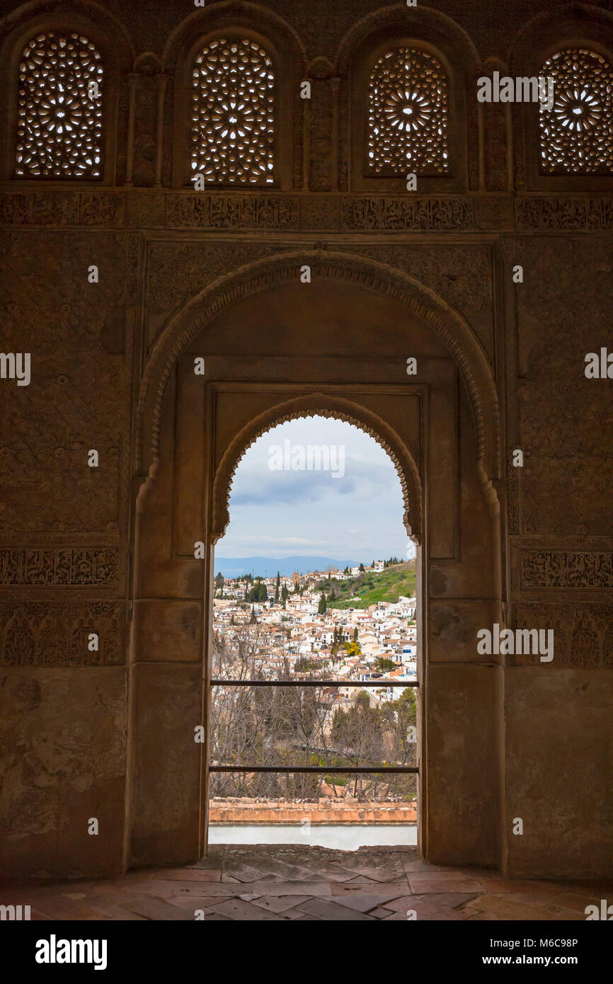 View over Sacromonte from the Sala Regia (Royal Hall) of the Palacio de Generalife, Granada, Andalusia, Spain Stock Photo