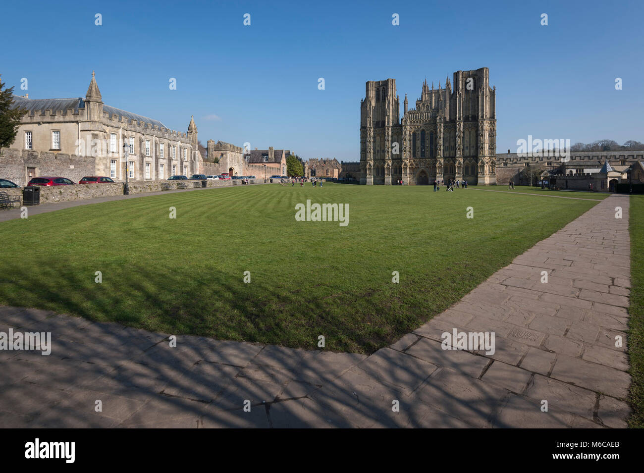 Wells Cathedral and Cathedral Green, Wells, Somerset, UK. Stock Photo