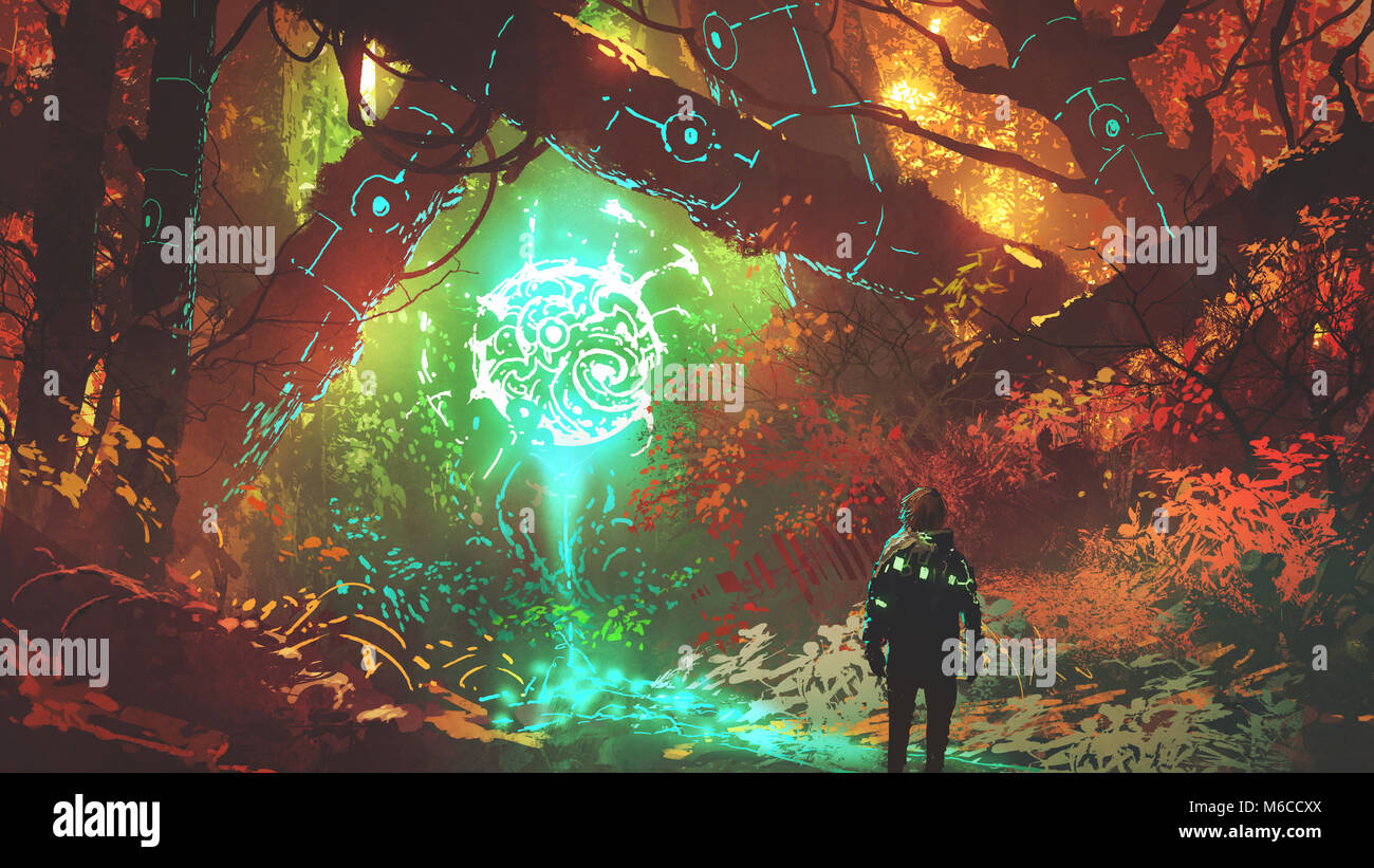 man looking at glowing futuristic light in enchanted red forest, digital art style, illustration painting Stock Photo