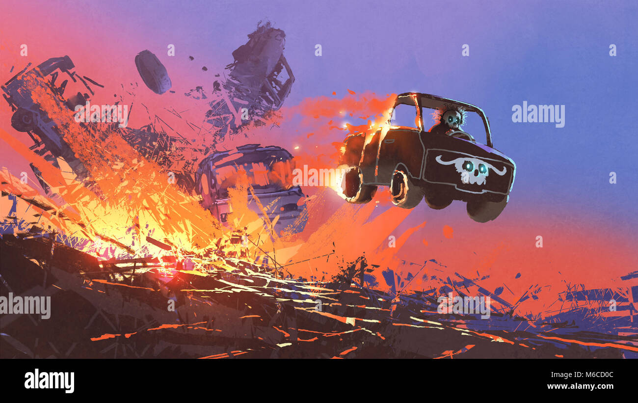man in skull mask driving a truck coming out of explosion, digital art style, illustration painting Stock Photo