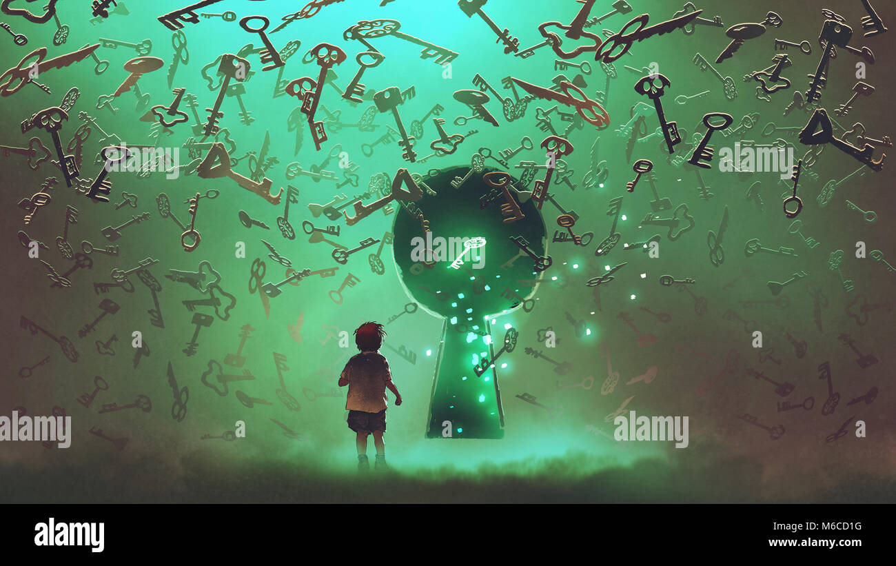 little boy standing in front of the keyhole with the green light and many keys floating around him, digital art style, illustration painting Stock Photo