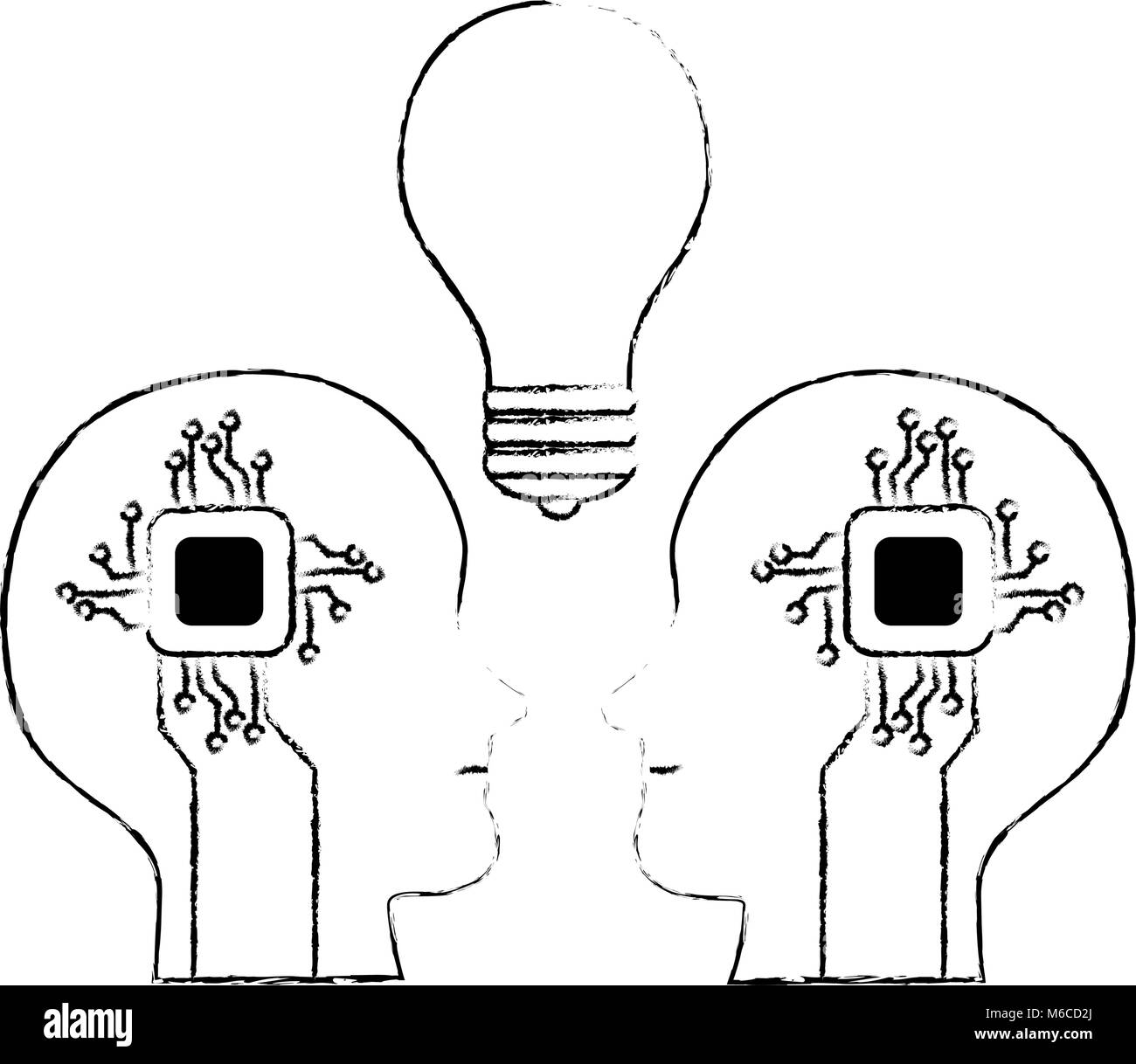 human profiles with electrical circuit and bulb Stock Vector Image