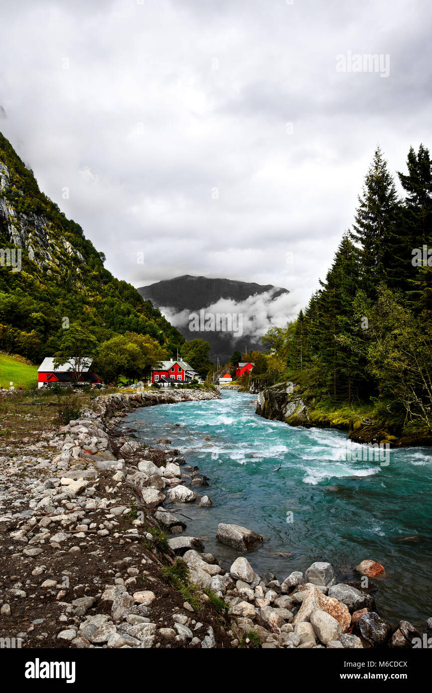 Red Scandinavian Wooden Houses And Cabins At A Wild Turquoise