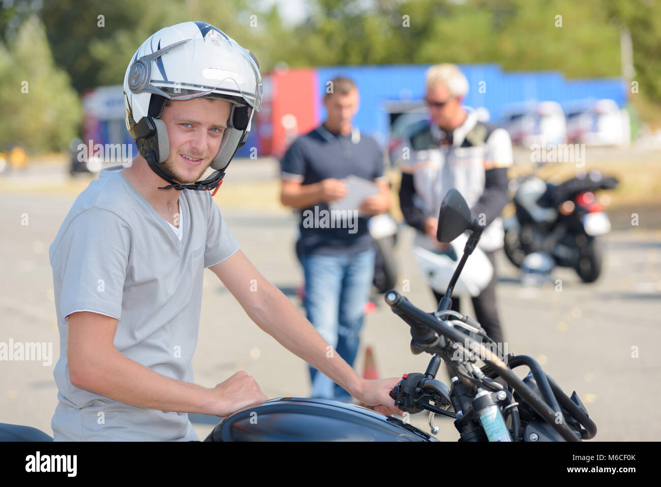 young man during motorcycle lesson Stock Photo