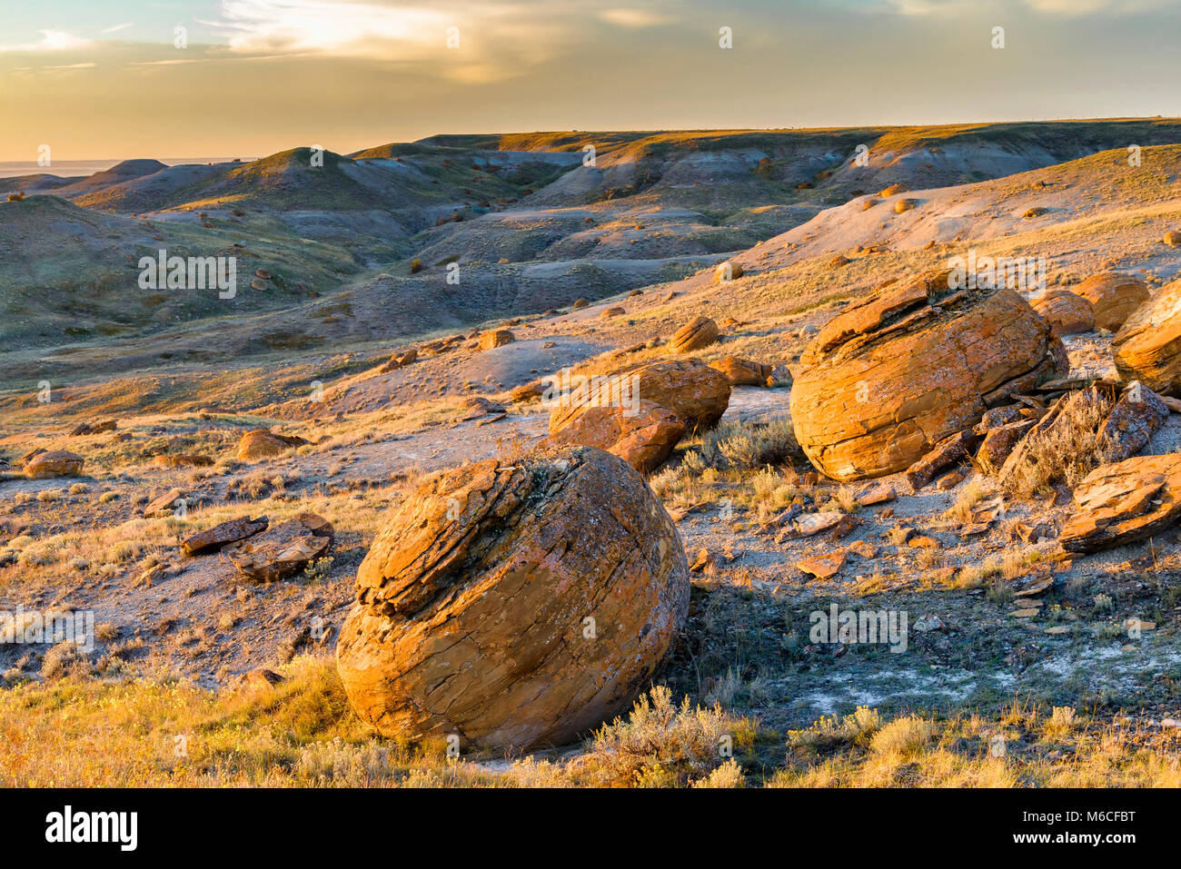 Large sandstone concretions, Red Rock Coulee Natural Area, Alberta, Canada Stock Photo