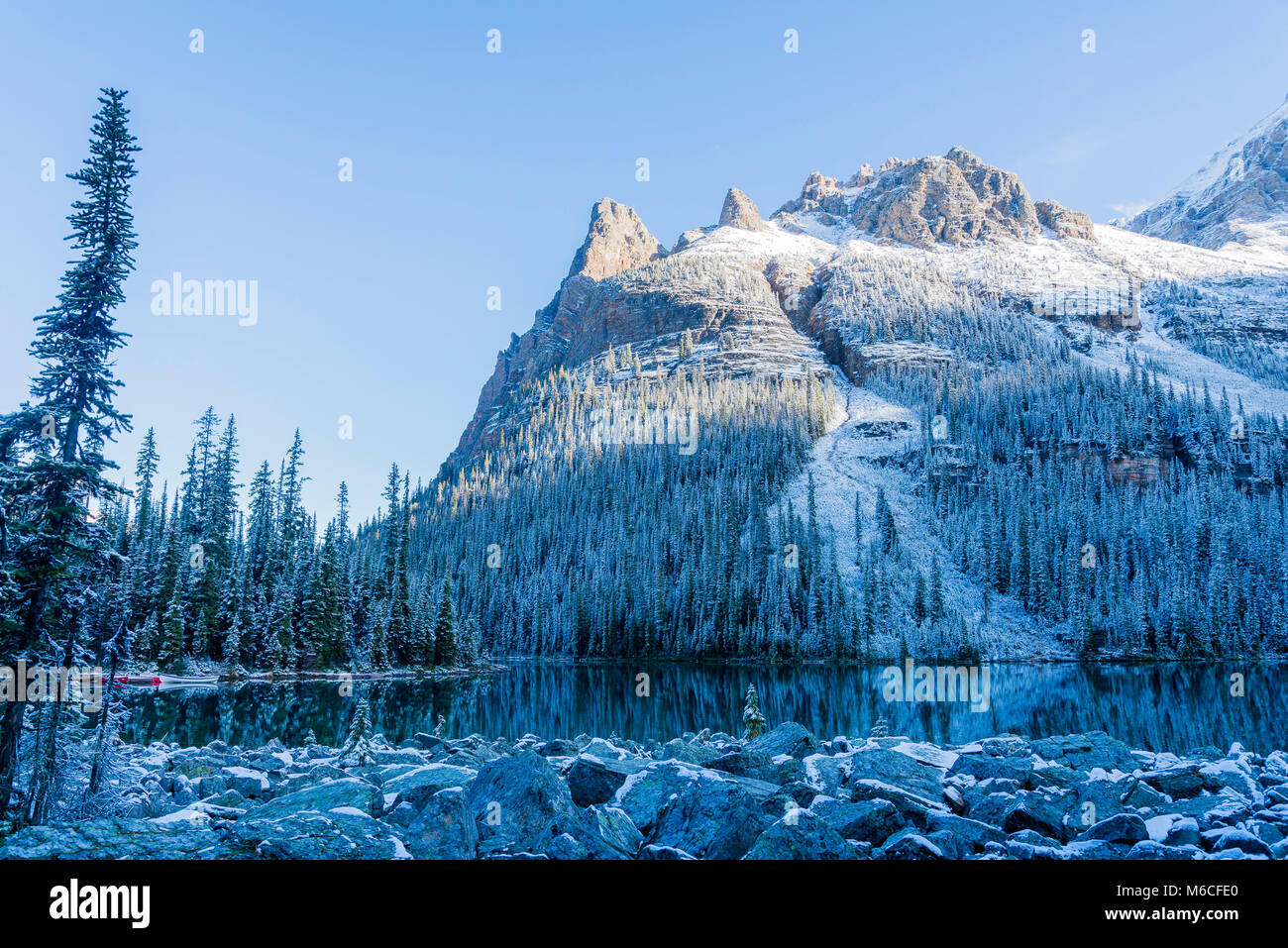 Lake O'Hara, snow, Yoho National Park, British Columbia, Canada Stock