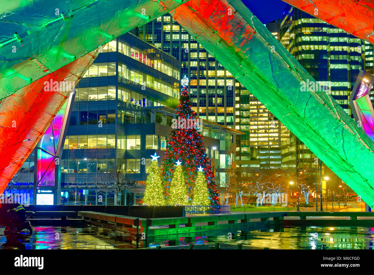 Olympic Cauldron and Christmas trees, Jack Poole Plaza, Vancouver