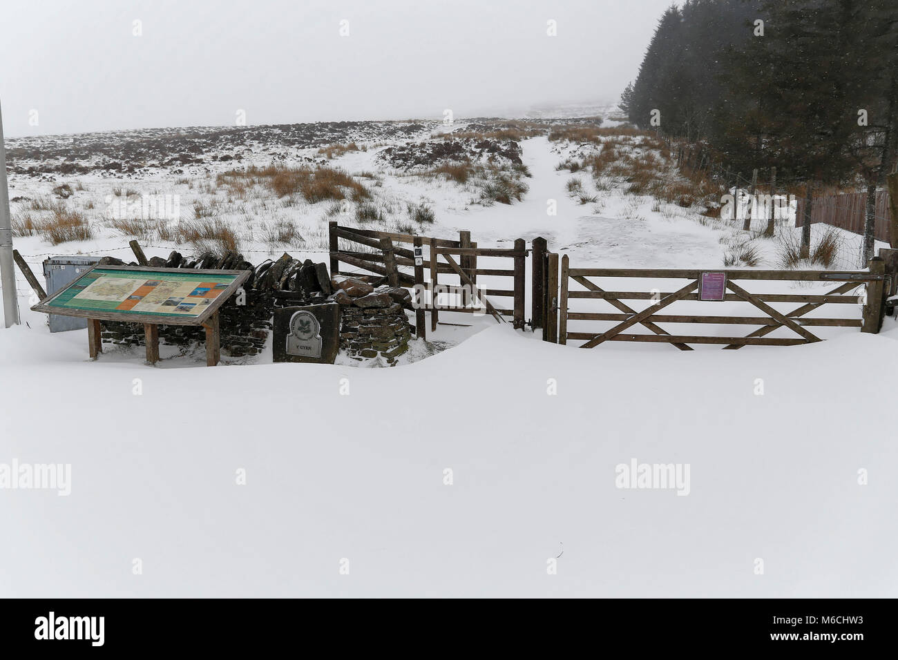 WEATHER PICTURE WALES Pictured: The gate to the path leading to the summit of Penyfan in Storey Arms, Brecon Beacons in south Wales, UK. Friday 02 Mar Stock Photo