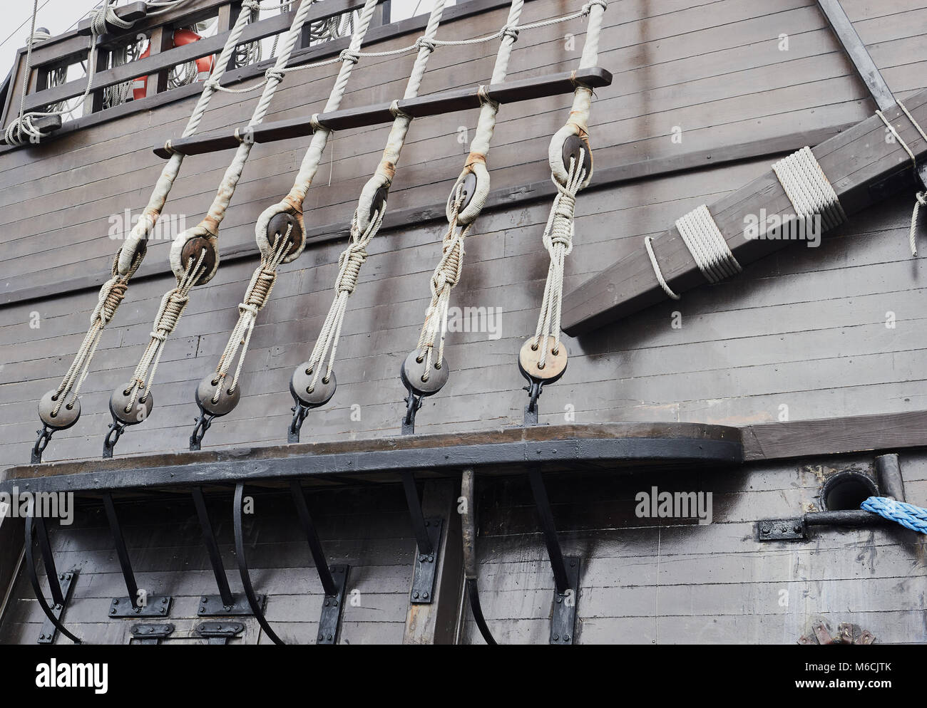 Block and tackle, ropes and pulleys on replica of 17th century Spanish galleon, El Galeon, now a sail training ship, Quebec, Canada Stock Photo