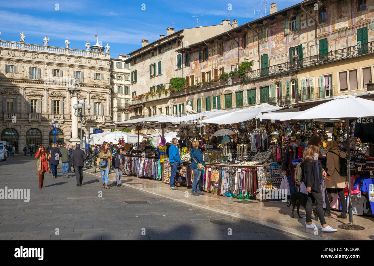 Street market at Piazza delle Erbe, Verona, Italy Stock Photo