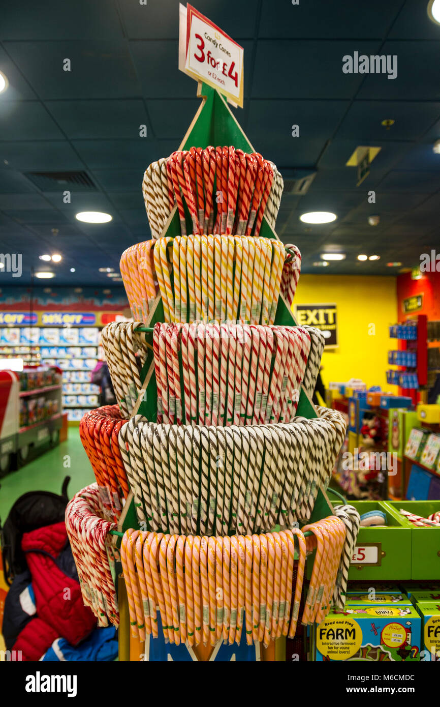 Sugar candy canes display, Hamleys Toy shop, store, London UK hamleys london christmas Stock Photo