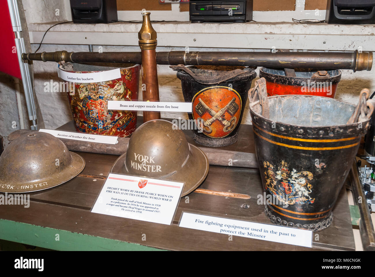 Fire fighting equipment, including leather buckets, used to protect York Minster in the past. Stock Photo