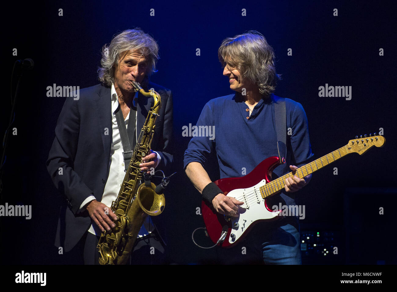 Wroclaw, Poland. 27th February, 2018. Concert of band Dire Straits Experience. Picture:  Chris White (L) and Terence Reis (R) Stock Photo