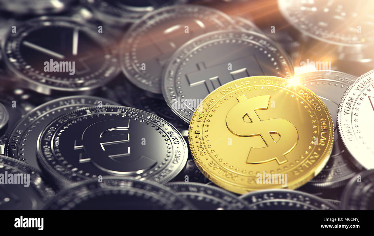 Huge stack of different coins with golden Dollar coin on the front. 3D rendering Stock Photo