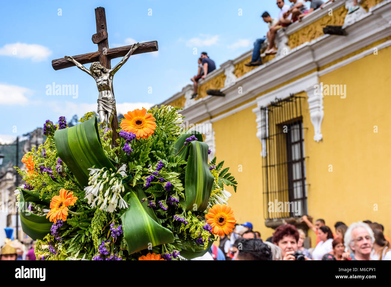 Antigua, Guatemala -  April 13, 2017: Crucifix in Holy Thursday procession in town with famous Holy Week celebrations. Stock Photo