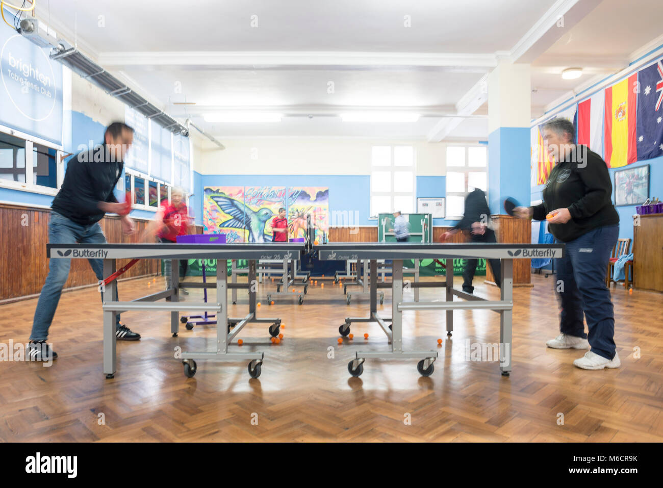 players playing table tennis at a brighton and hove table tennis club inside a sports hall Stock Photo