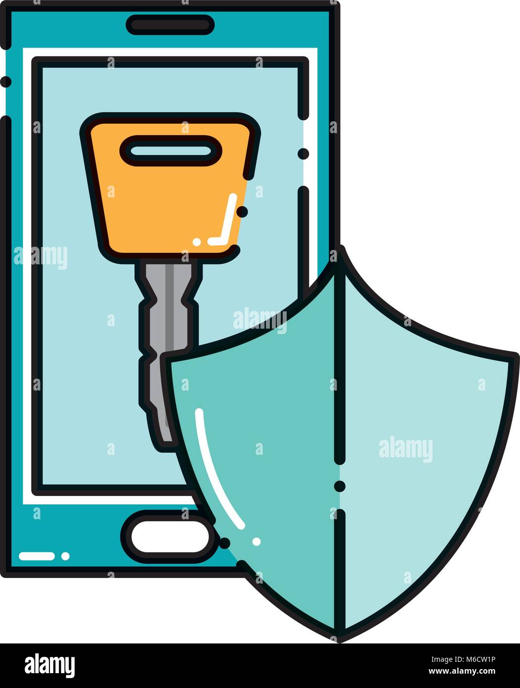 dashed line smartphone with digital key and shield security Stock ...