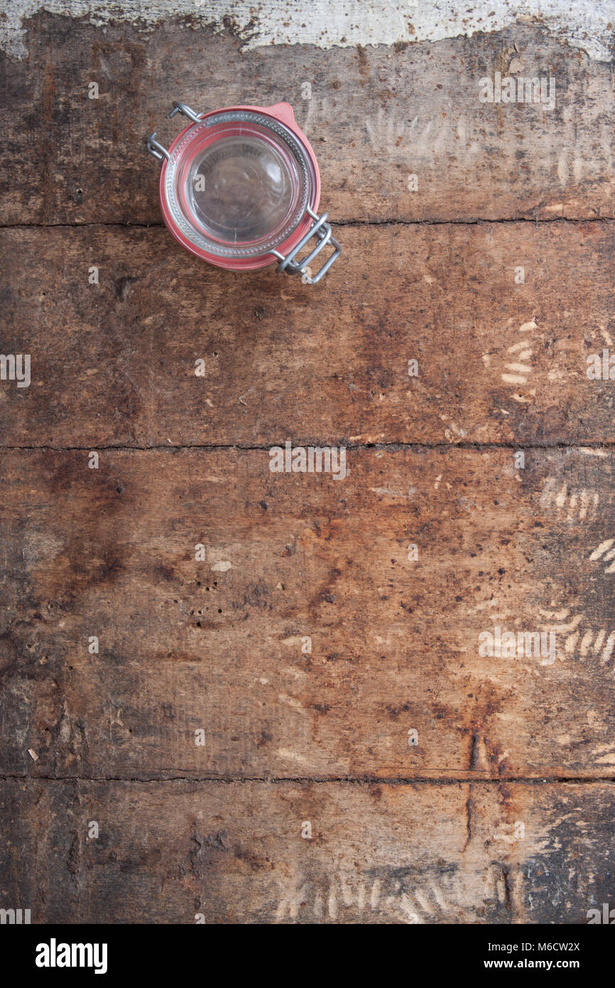 glass jar on old wooden table, Top view.. Stock Photo