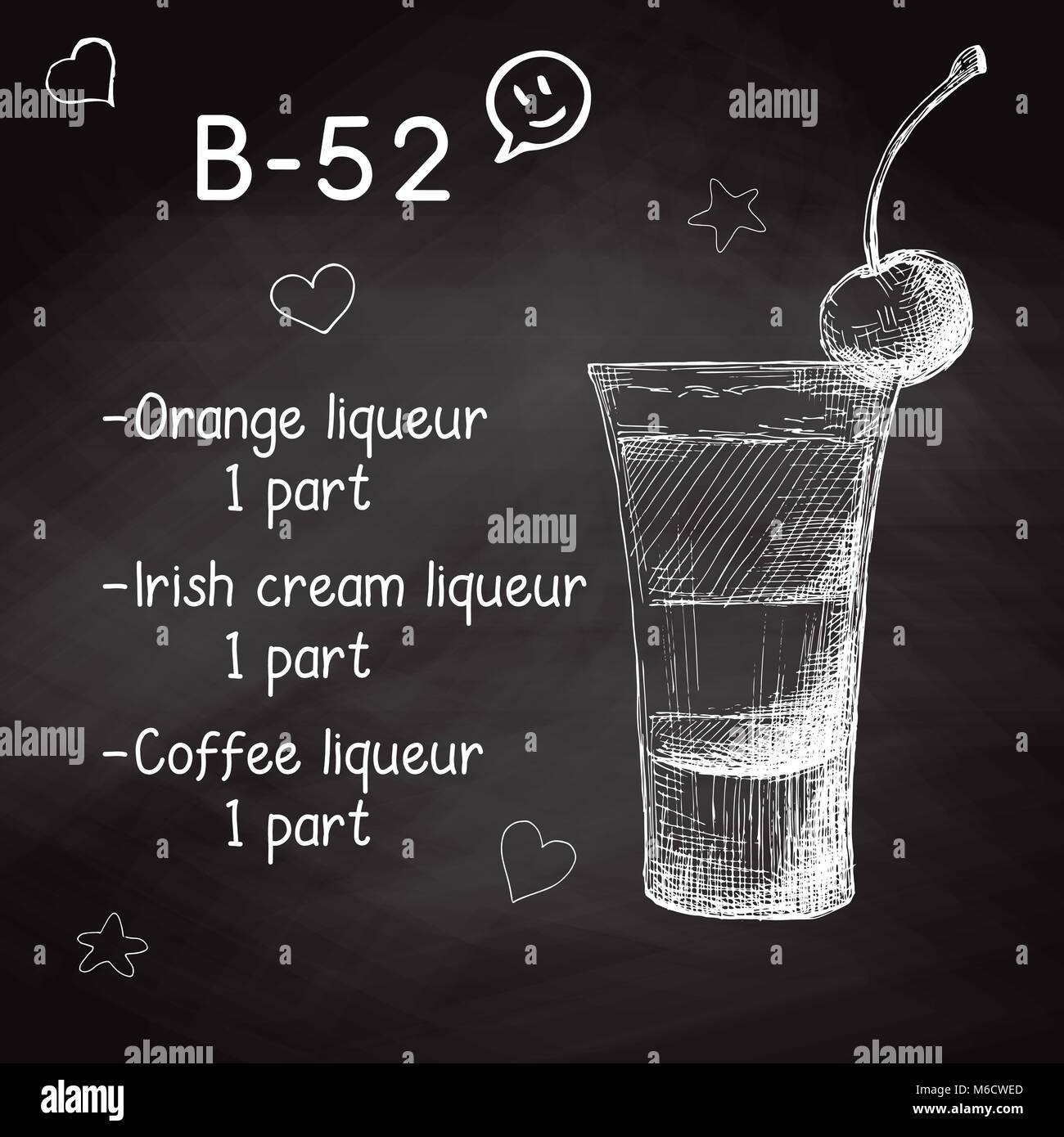 Simple recipe for an alcoholic cocktail B-52. Drawing chalk on a blackboard. Vector illustration of a sketch style. Stock Vector