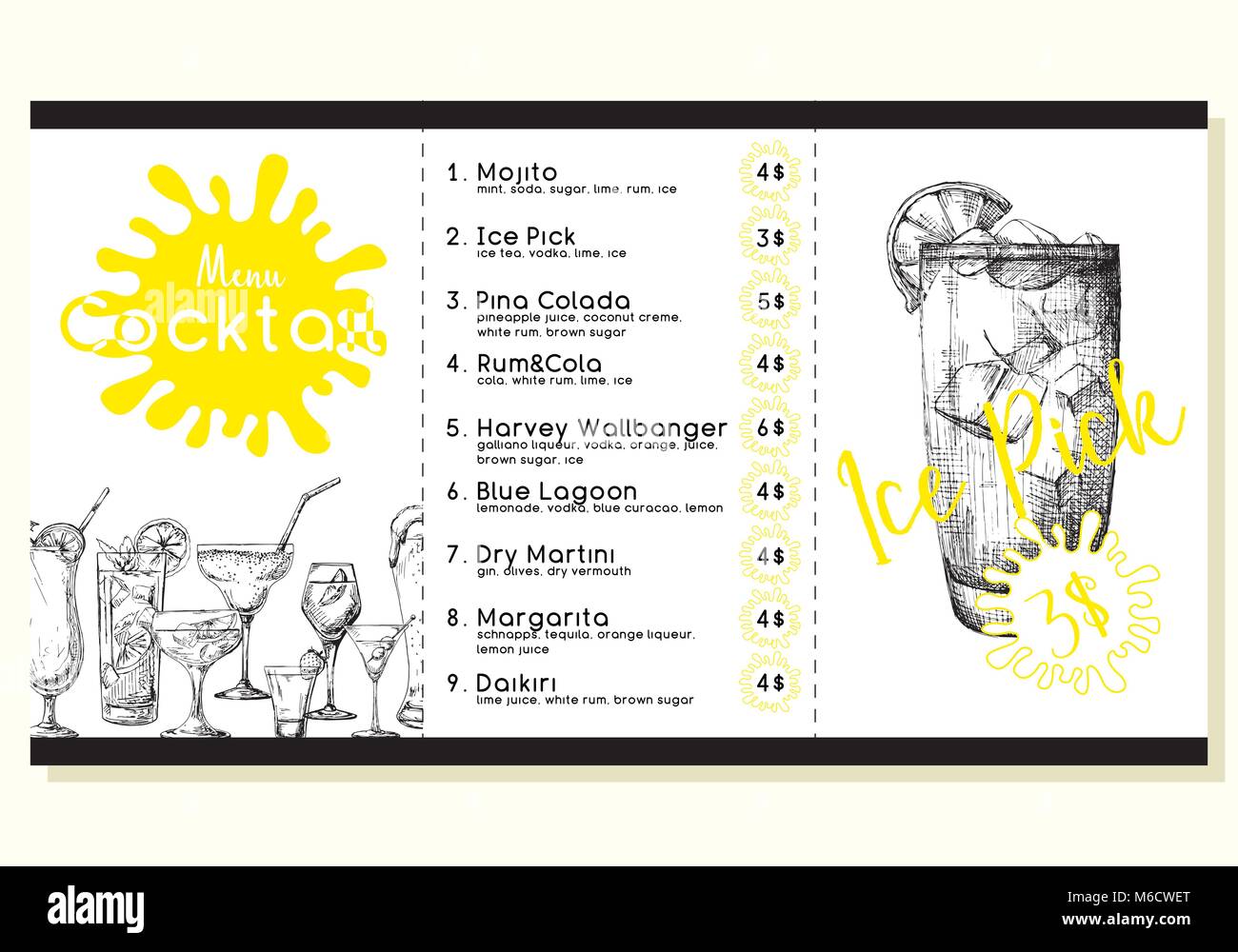 Cocktail menu in sketch style. Vector illustration Stock Vector