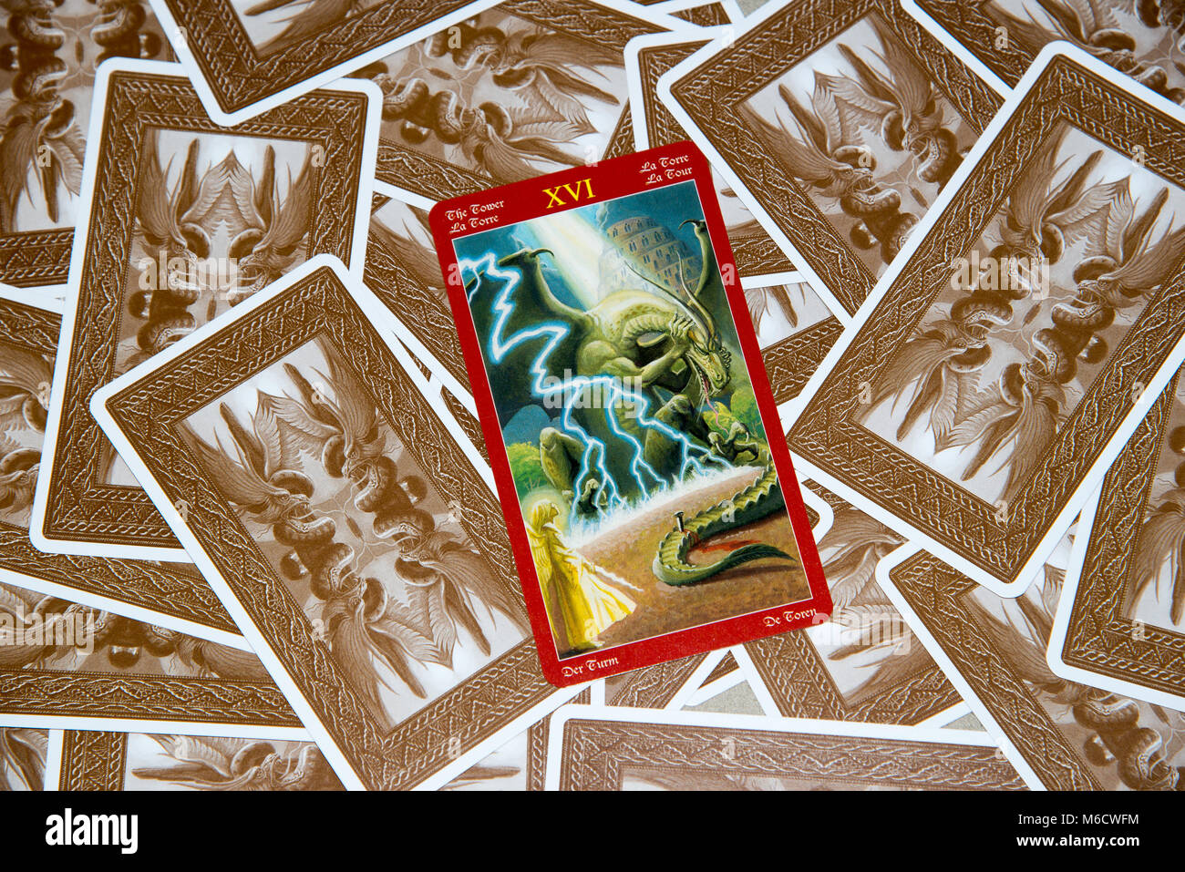 Moscow, Russia - February 18, 2018: Tarot card The Tower. Dragon tarot deck.  Esoteric mysterious background in gothic style Stock Photo - Alamy