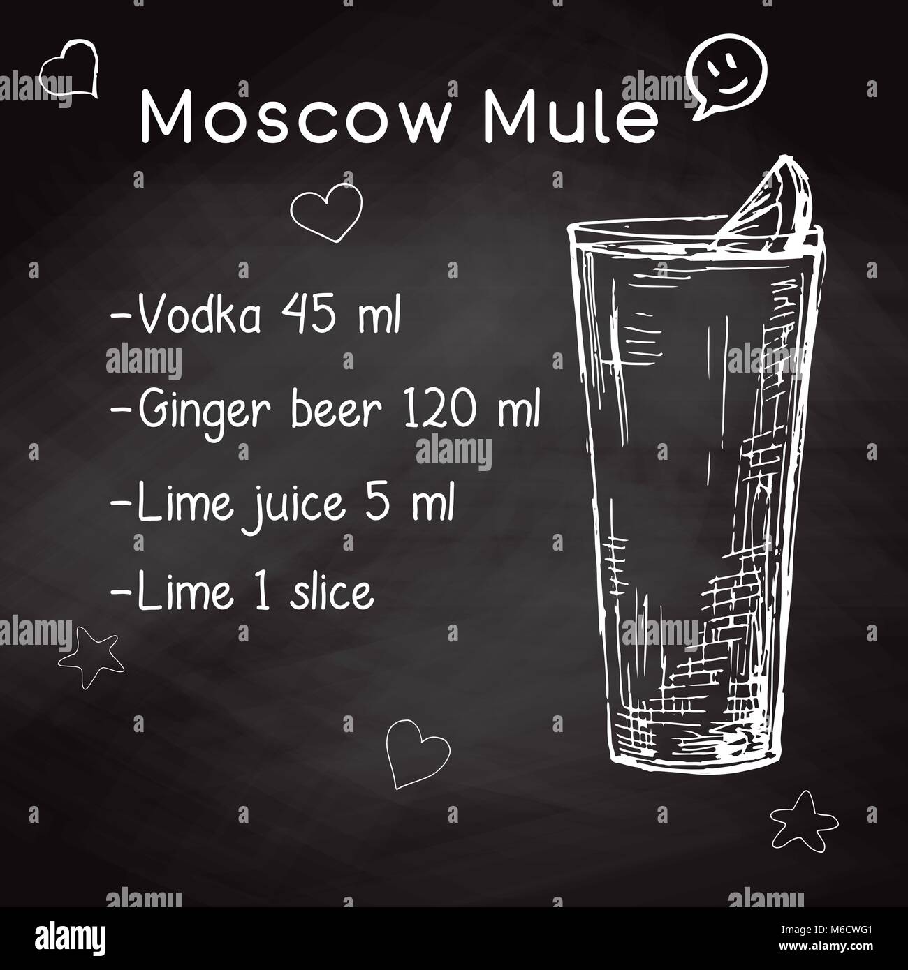 Simple recipe for an alcoholic cocktail Moscow Mule. Drawing chalk on a