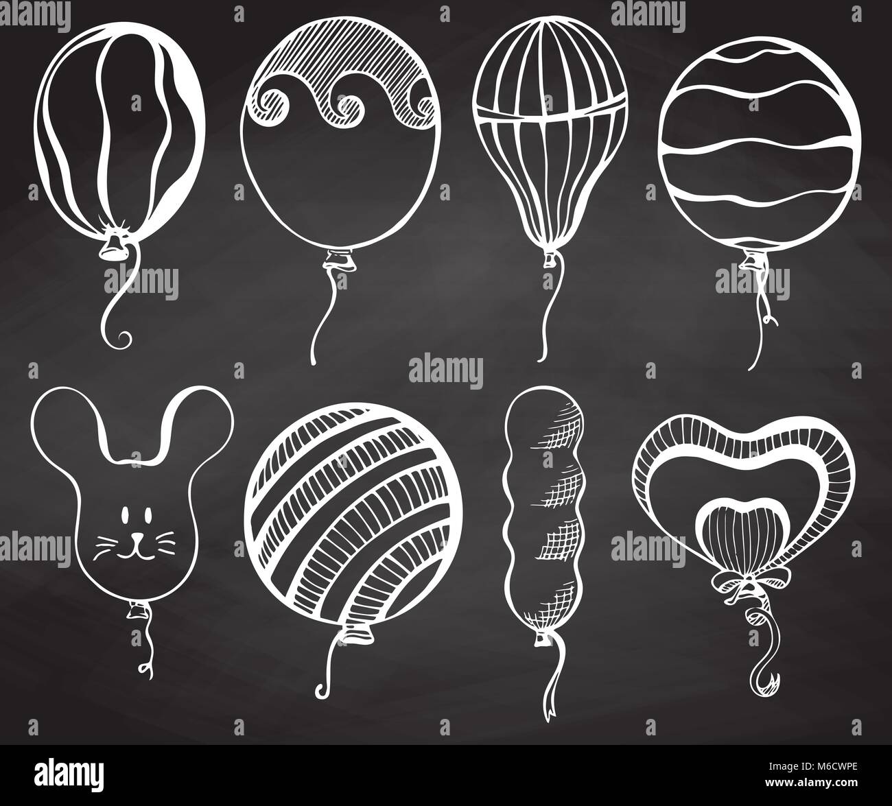 Group balloons of different shapes. Hand drawn chalk on the board