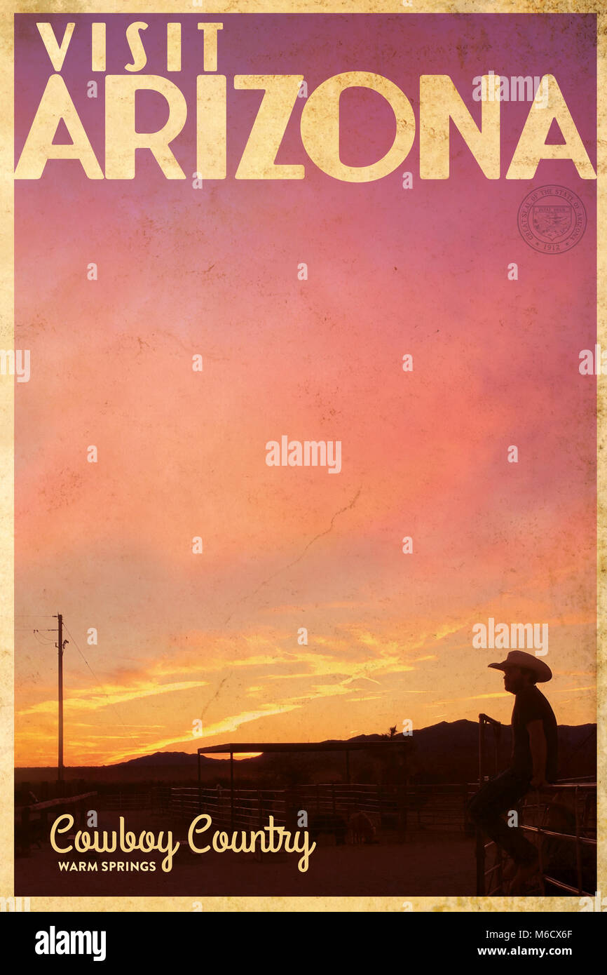 Vintage style travel poster showing a Cowboy sitting on fence with a beautiful pink Arizona sunset Stock Photo