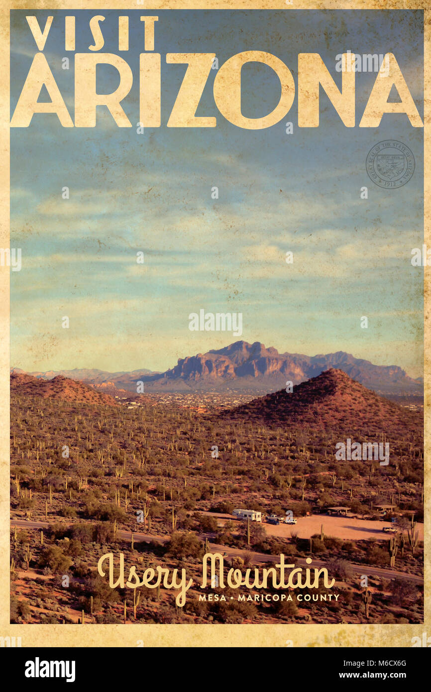 Vintage travel poster showing an arial view over  Usery Mountain regional park outside phoenix in Maricopa Country, Arizona Stock Photo