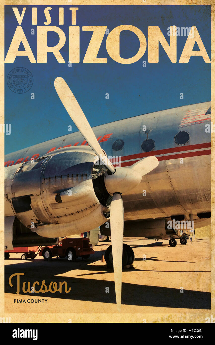 Vintage retro style Visit Arizona Poster showing a vintage aircraft in Pima County Boneyard Tucson Stock Photo