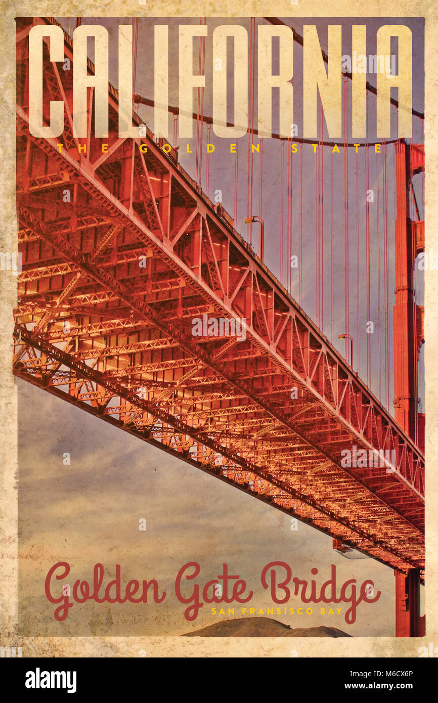 Vintage style retro travel poster of the Golden Gate Bridge on San Fransisco Bay Stock Photo