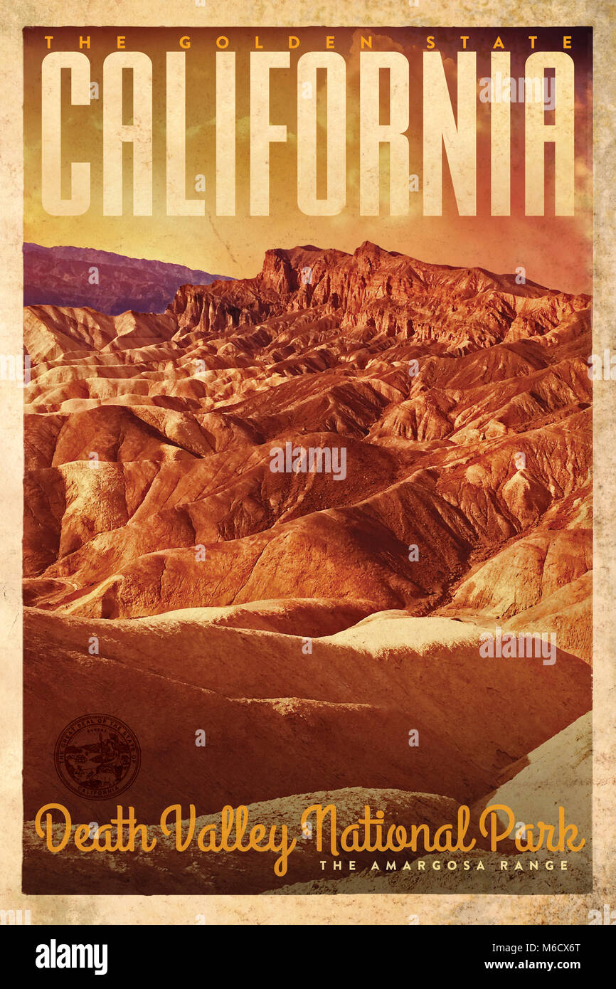 Vintage retro travel advertisement of Death Valley National Park showing the Amargosa Range Stock Photo