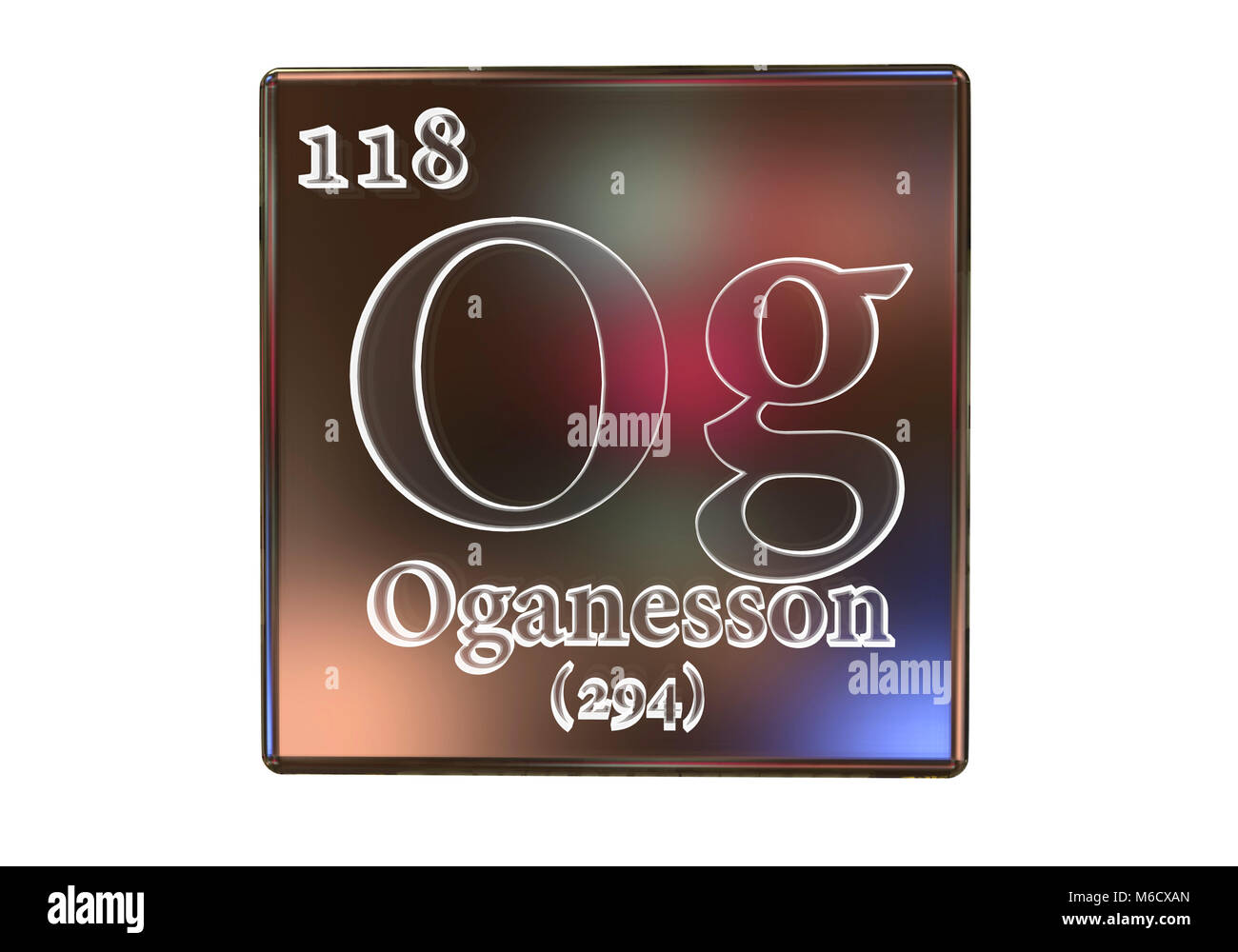 Computer illustration of one of the most recently added elements to the periodic table (as of early 2018): Element 118 Oganesson (Og). Stock Photo