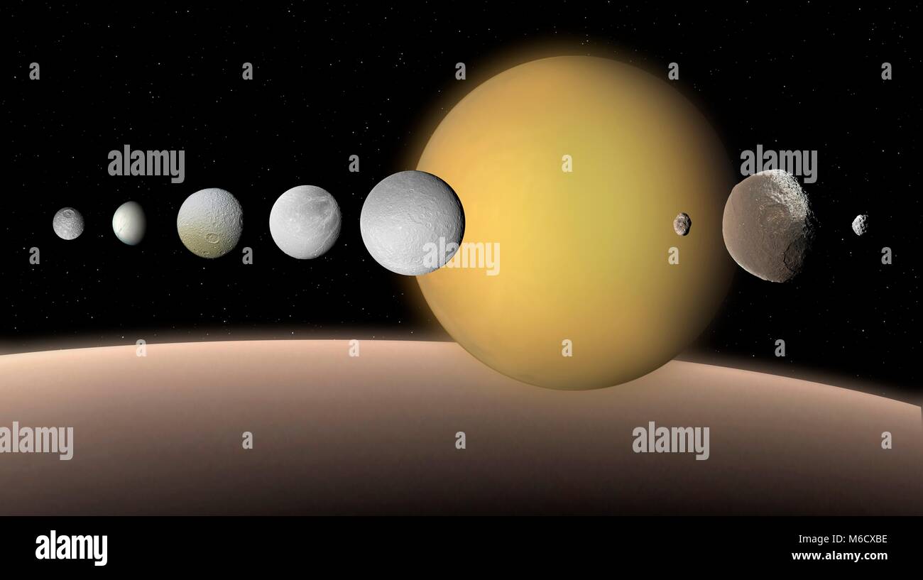 Like Jupiter, Saturn is surrounded by a large system of varied satellites. This composite shows the nine largest on the same scale. From left to right, in order of increasing distance from Saturn, they are: Mimas, Enceladus, Tethys, Dione, Rhea, Titan, Hyperion, Iapetus and Phoebe. For comparison, our Moon is about 67 per cent the size of Titan. Saturn is shown at the bottom, on the same scale. Stock Photo