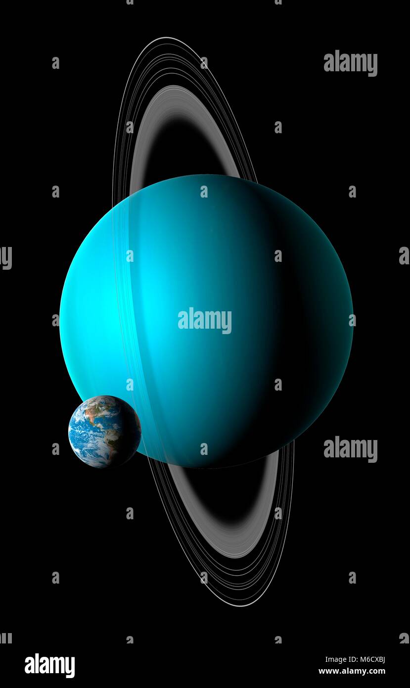 Image comparing the size of Earth (left) with the planet Uranus. Uranus is the seventh planet from the Sun, with an average distance from it of 19.2 times the Earth-Sun distance. A fluid world of mostly hydrogen and helium, it is rich in ices of methane, water and ammonia, causing some astronomers to label it (along with Neptune) an ice giant. With a diameter of four times that of the Earth, Uranus is the Solar System's third largest planet (after Jupiter and Saturn). Stock Photo
